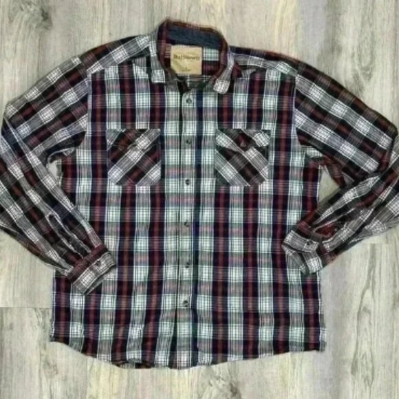 Ruff Hewn Well Worn Men’s Long Sleeve Plaid Button Down Shirt Navy Orange Size L - Picture 1 of 4